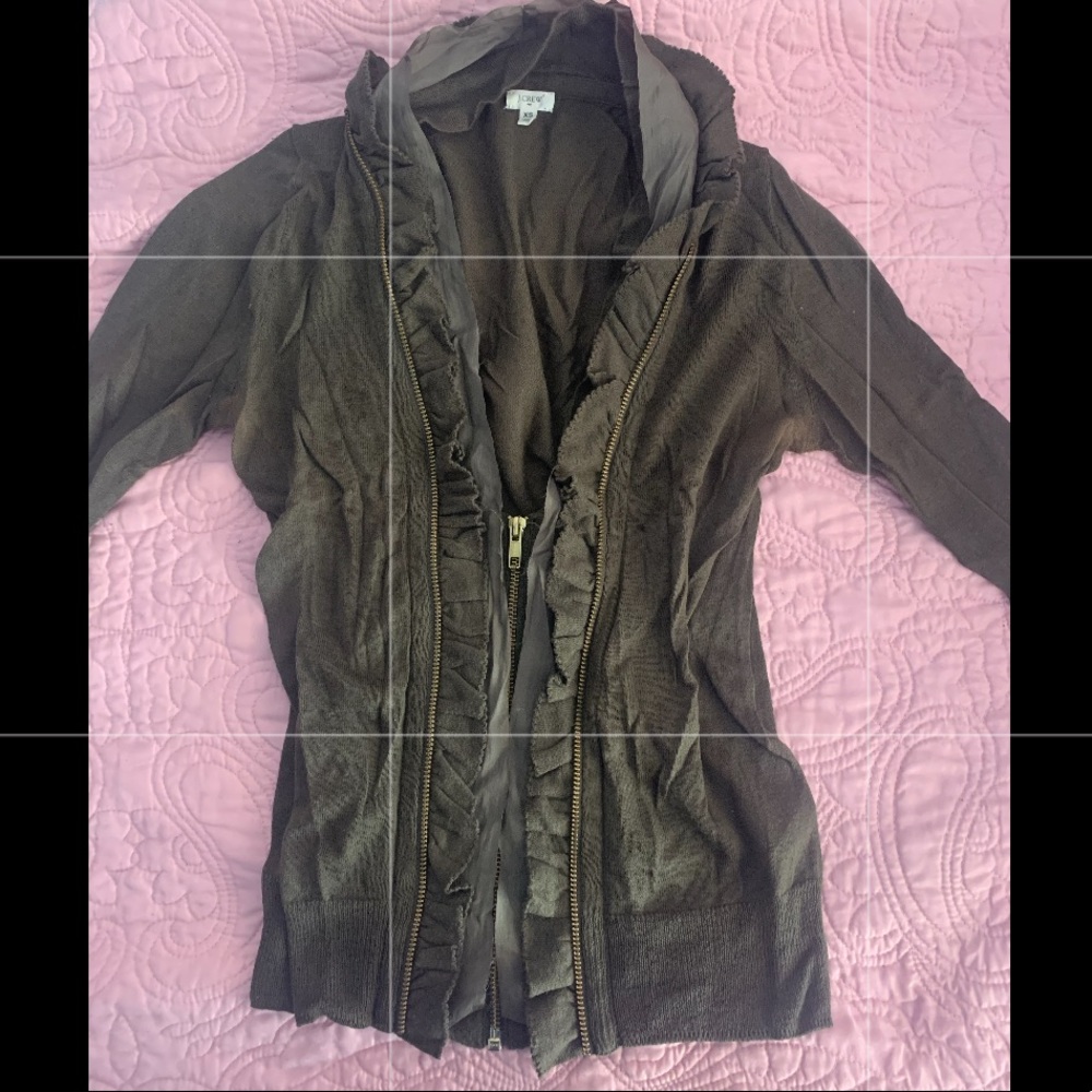 j crew olive green zip up cardigan